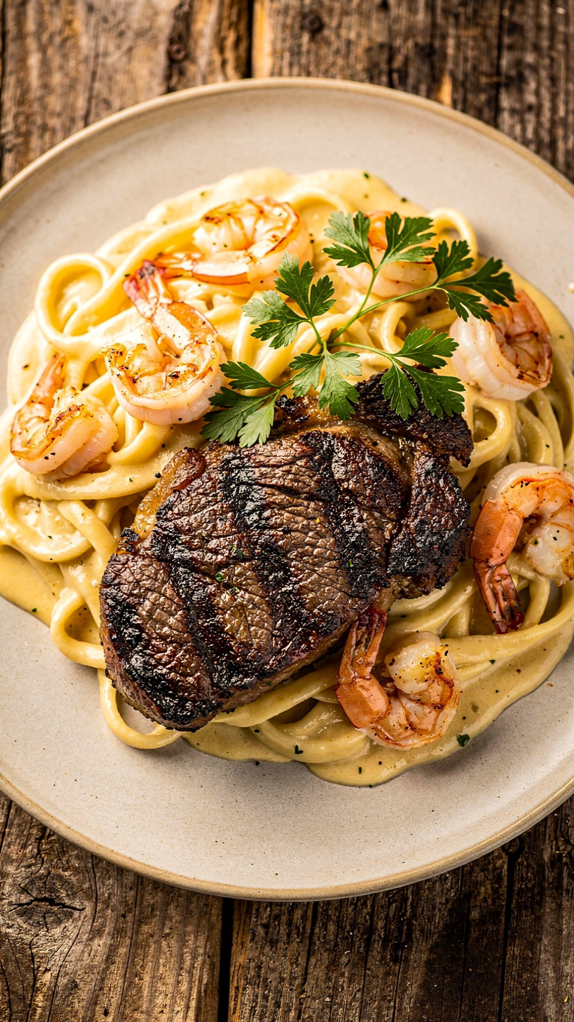 Blackened Steak and Shrimp Alfredo