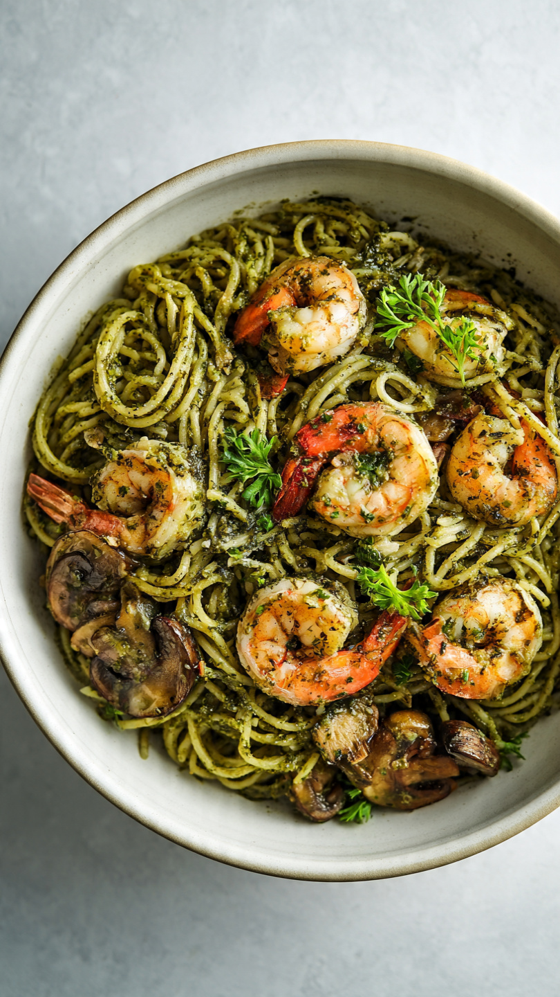Pesto Shrimp Pasta in Mushroom Garlic Sauce