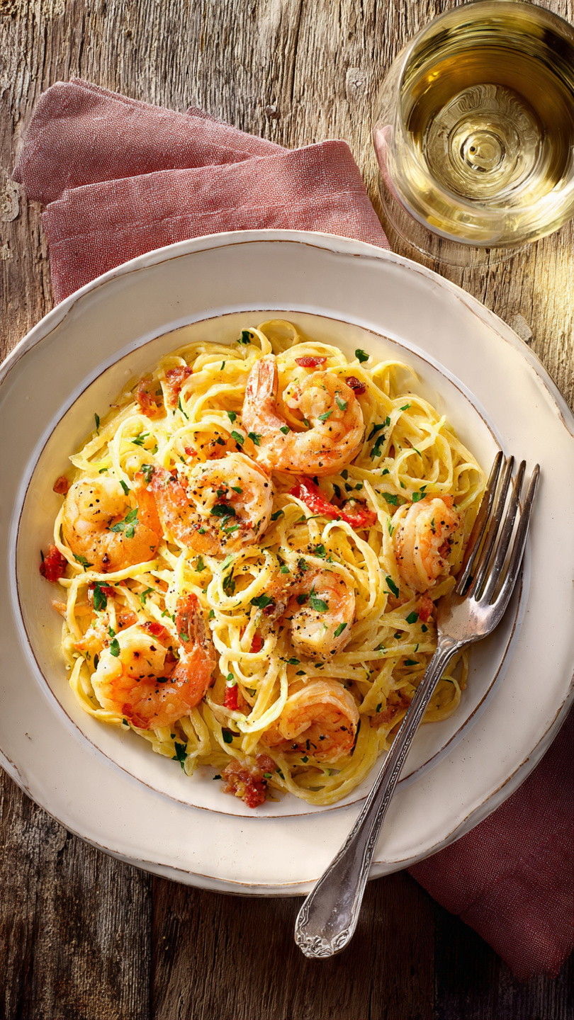 Shrimp Carbonara with Crispy Beef Bacon