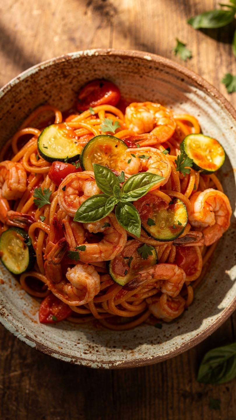 Shrimp Pasta with Tomato and Zucchini
