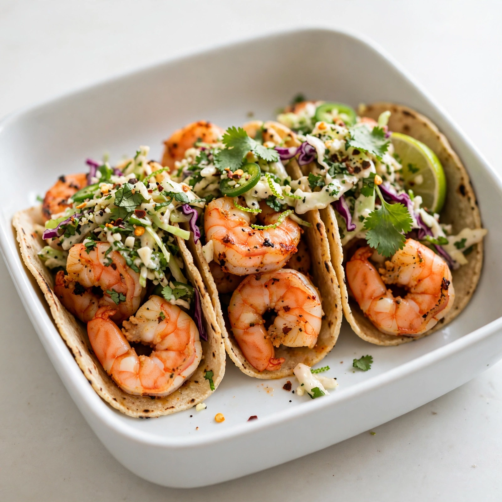 Spicy Shrimp Tacos with Garlic Cilantro Lime Slaw
